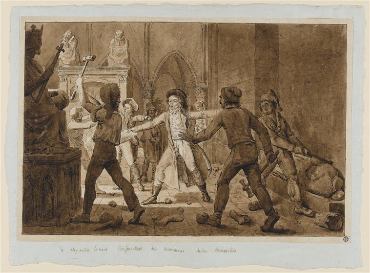 Alexandre-Lenoir-défendant-les-monuments-de-labbaye-de-Saint-Denis-contre-la-fureur-des-terroristes-fin-XVIIIe-siècle-encre-sur-papier-Paris-Louvre.